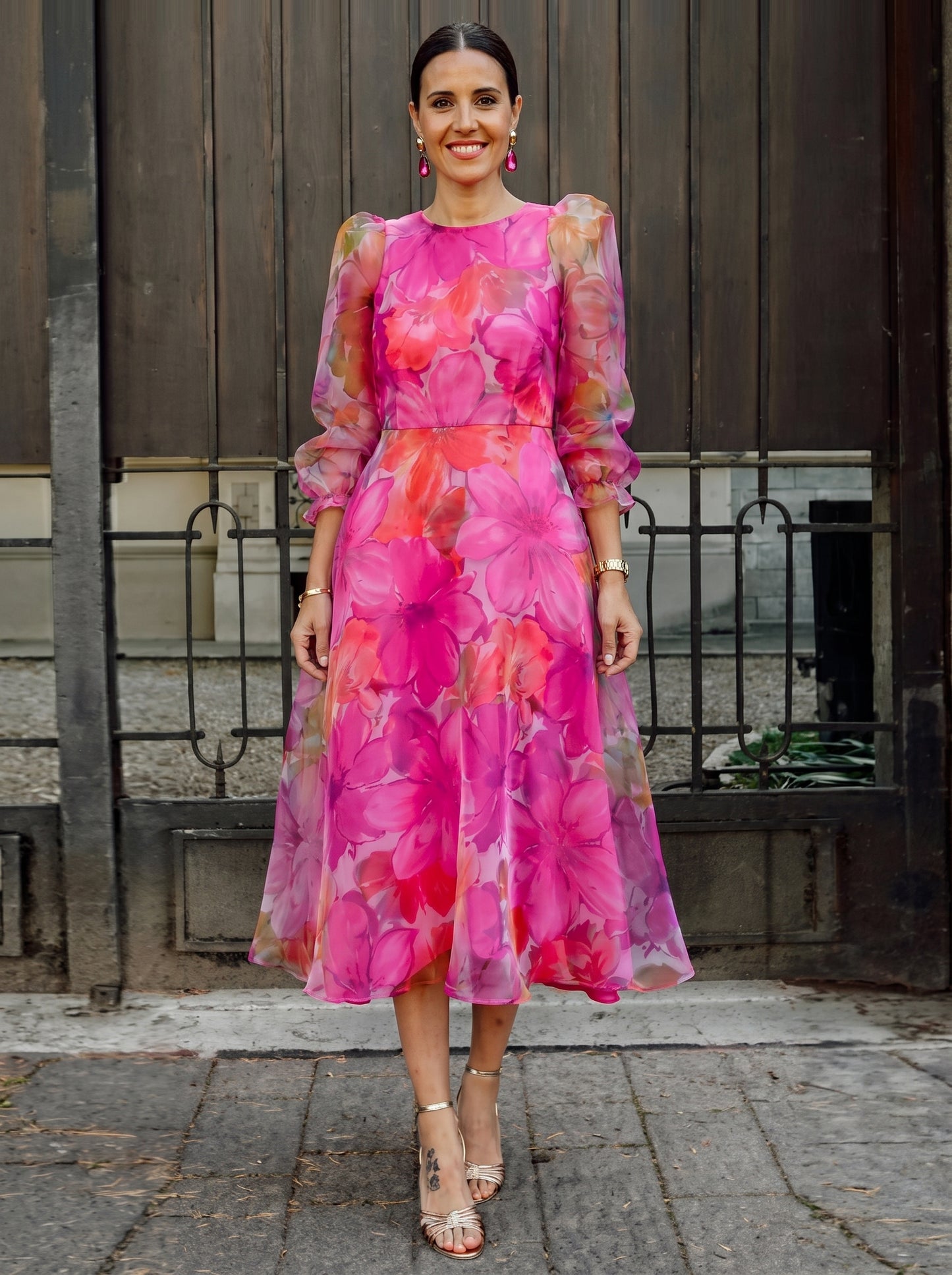 Women's Floral Midi Dress with Long Puff Sleeves and A-Line Silhouette