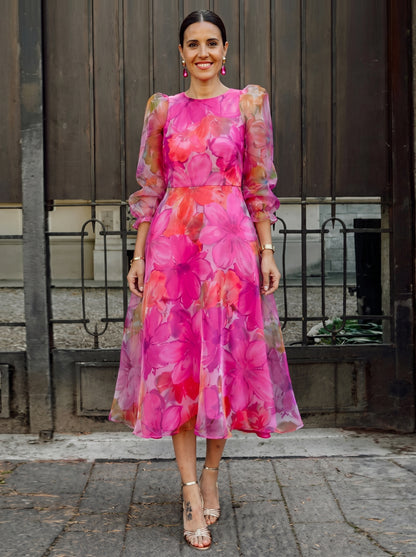 Women's Floral Midi Dress with Long Puff Sleeves and A-Line Silhouette