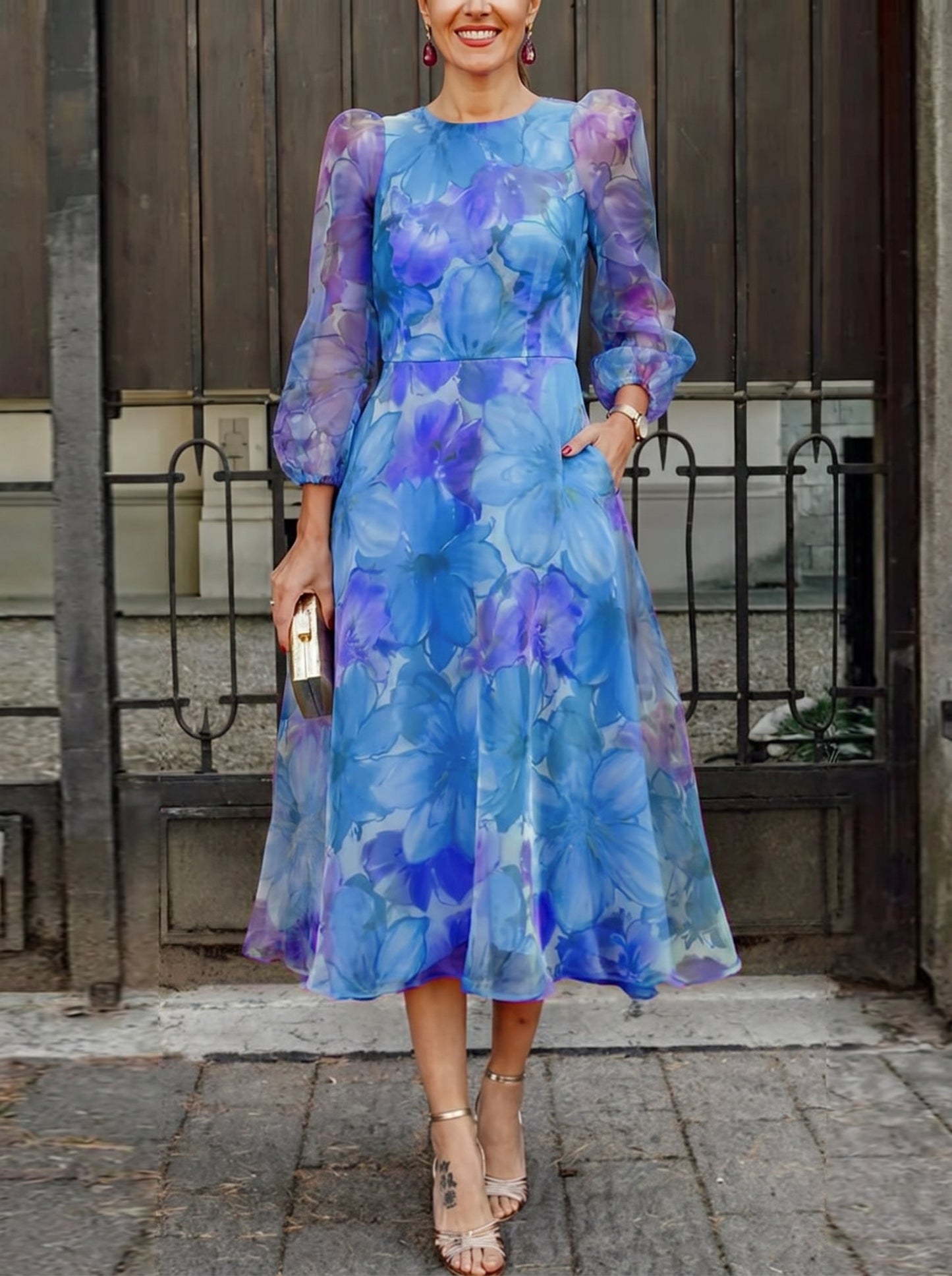 Women's Floral Midi Dress with Long Puff Sleeves and A-Line Silhouette
