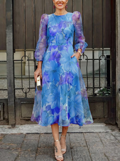 Women's Floral Midi Dress with Long Puff Sleeves and A-Line Silhouette