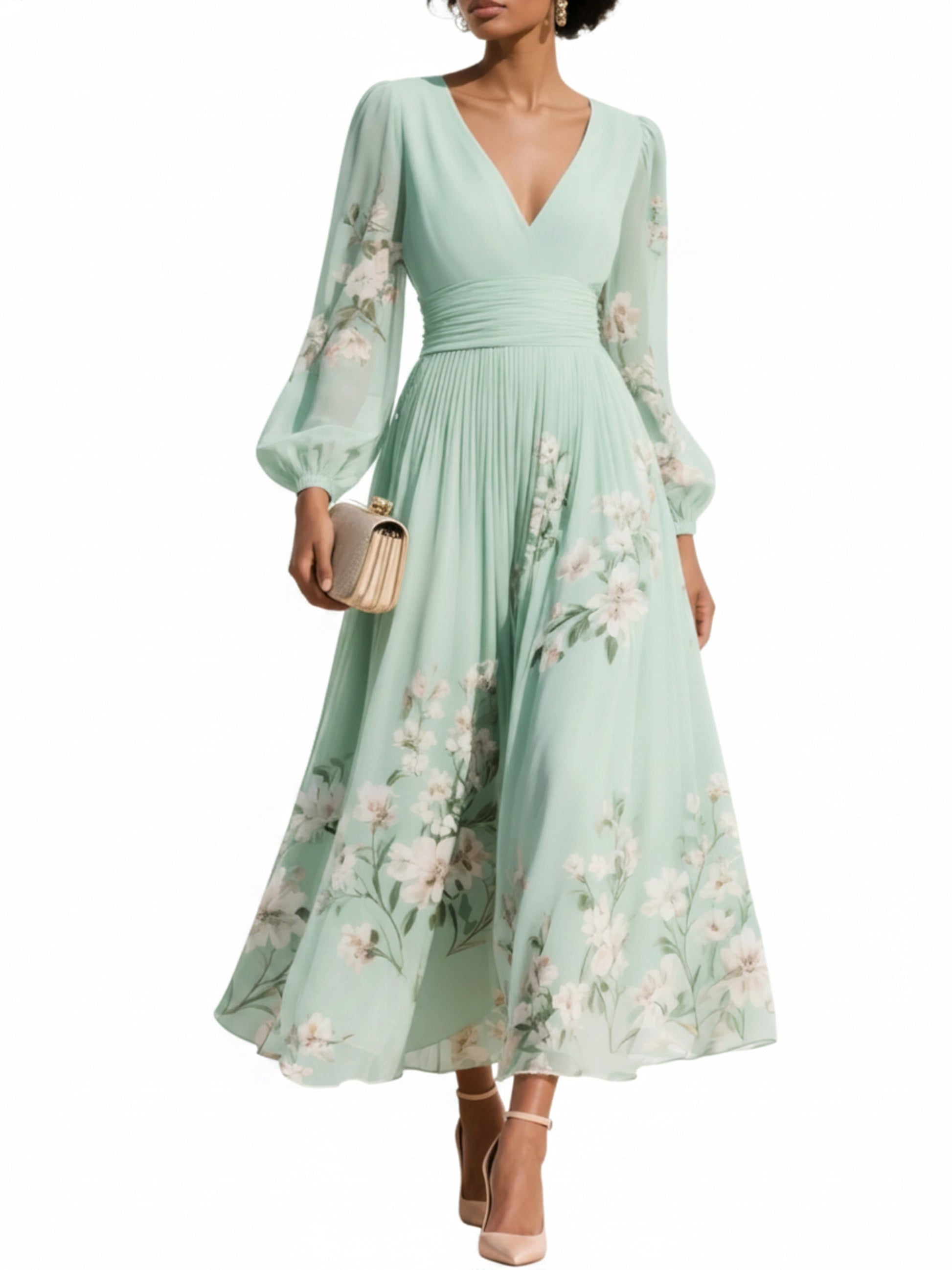 Women's Floral Midi Dress with V-Neck, Long Balloon Sleeves and A-Line Pleated Skirt