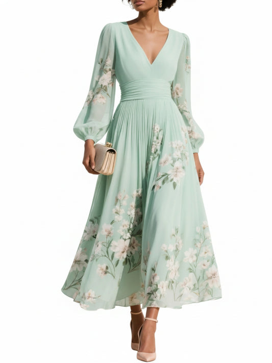 Women's Floral Midi Dress with V-Neck, Long Balloon Sleeves and A-Line Pleated Skirt
