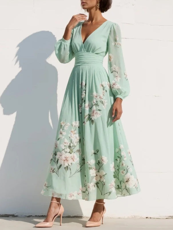Women's Floral Midi Dress with V-Neck, Long Balloon Sleeves and A-Line Pleated Skirt