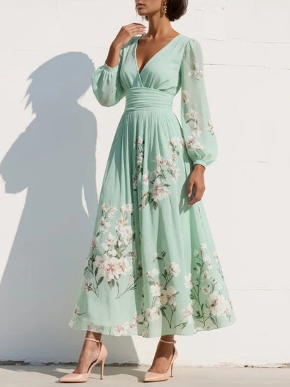 Women's Floral Midi Dress with V-Neck, Long Balloon Sleeves and A-Line Pleated Skirt