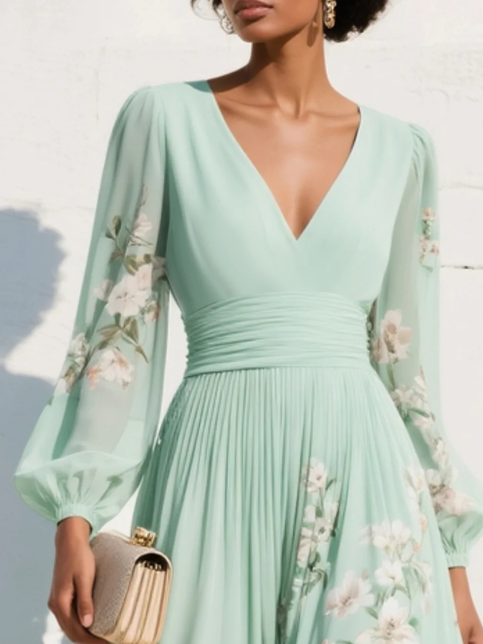 Women's Floral Midi Dress with V-Neck, Long Balloon Sleeves and A-Line Pleated Skirt