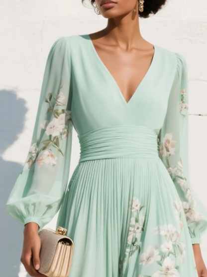 Women's Floral Midi Dress with V-Neck, Long Balloon Sleeves and A-Line Pleated Skirt