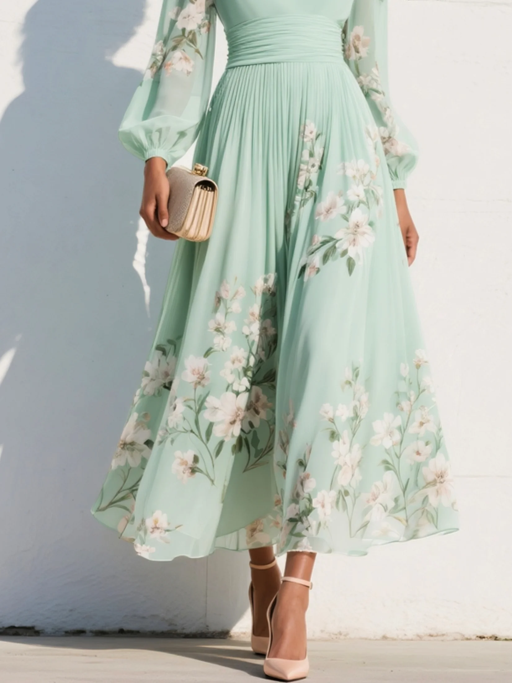 Women's Floral Midi Dress with V-Neck, Long Balloon Sleeves and A-Line Pleated Skirt