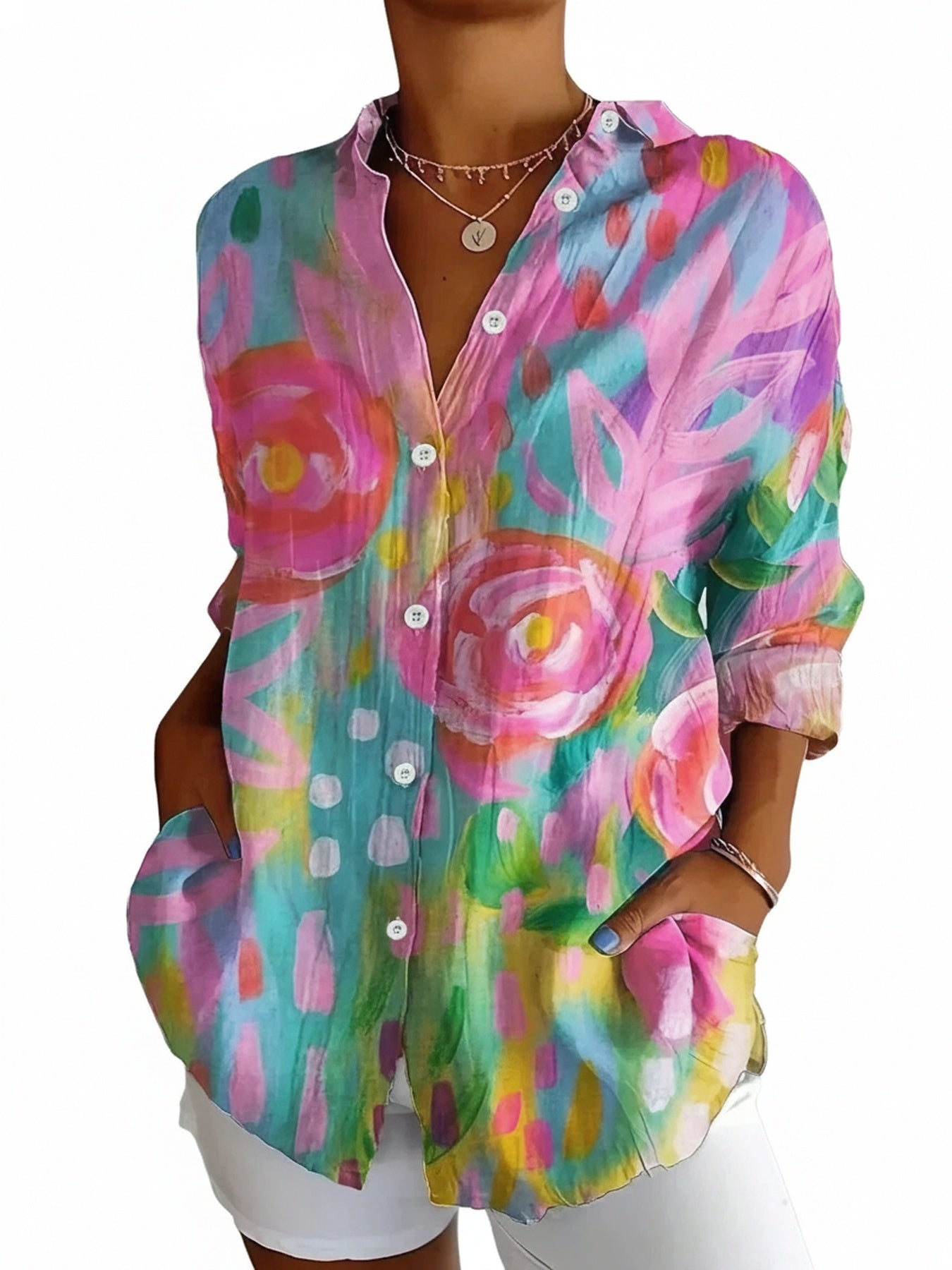 Women's Floral Print Blouse Long Sleeve with Button-Down Collar