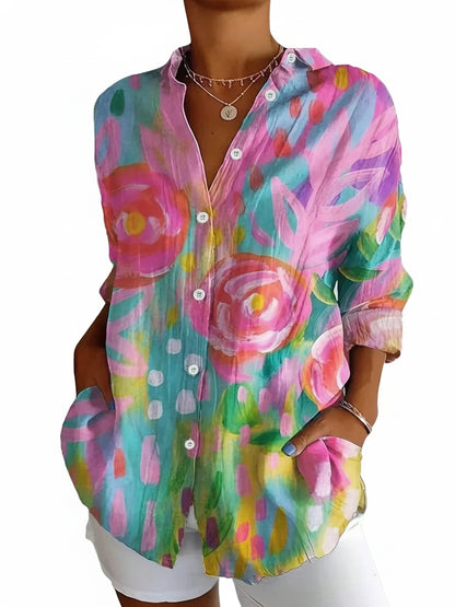 Women's Floral Print Blouse Long Sleeve with Button-Down Collar