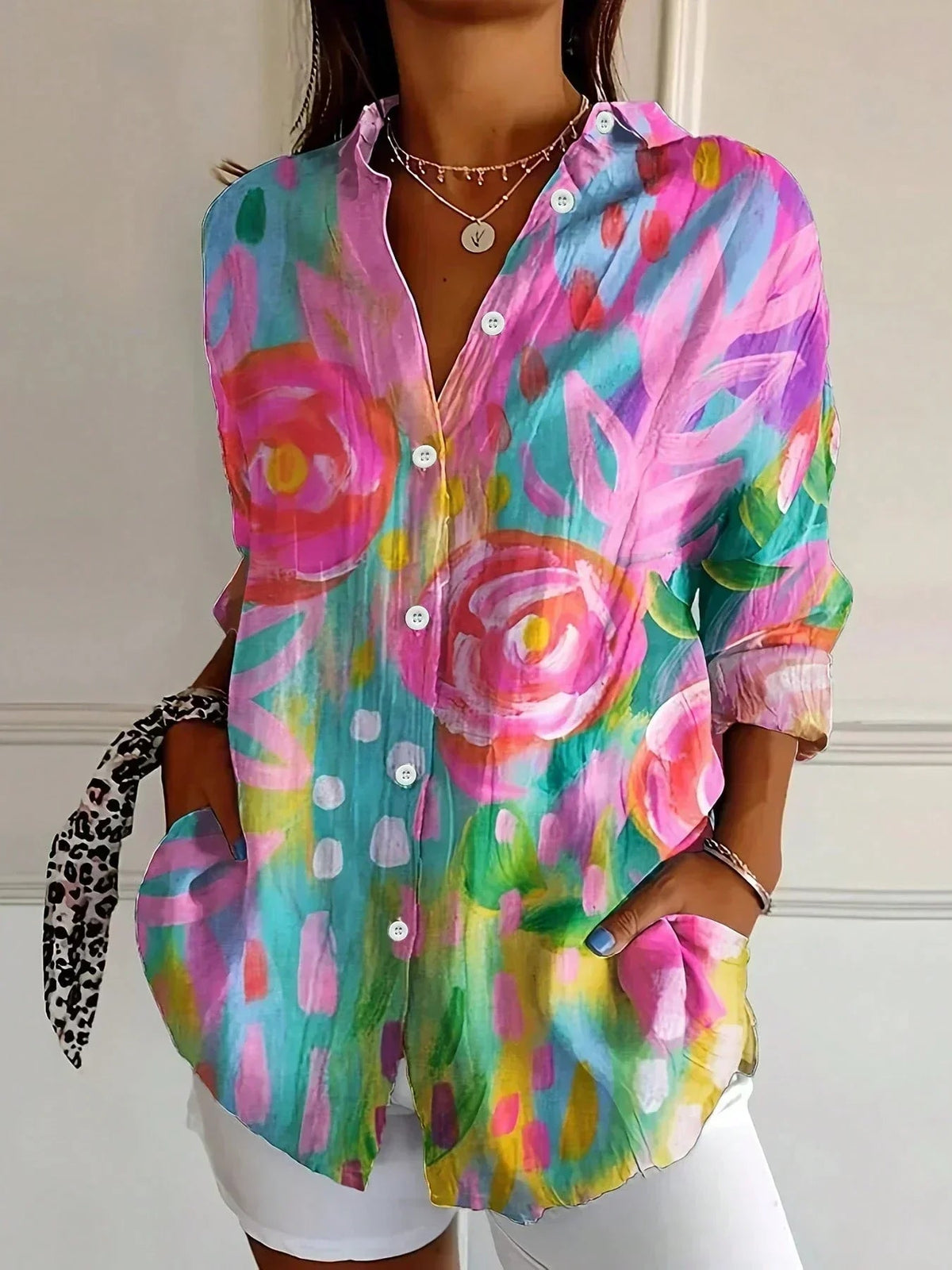 Women's Floral Print Blouse Long Sleeve with Button-Down Collar