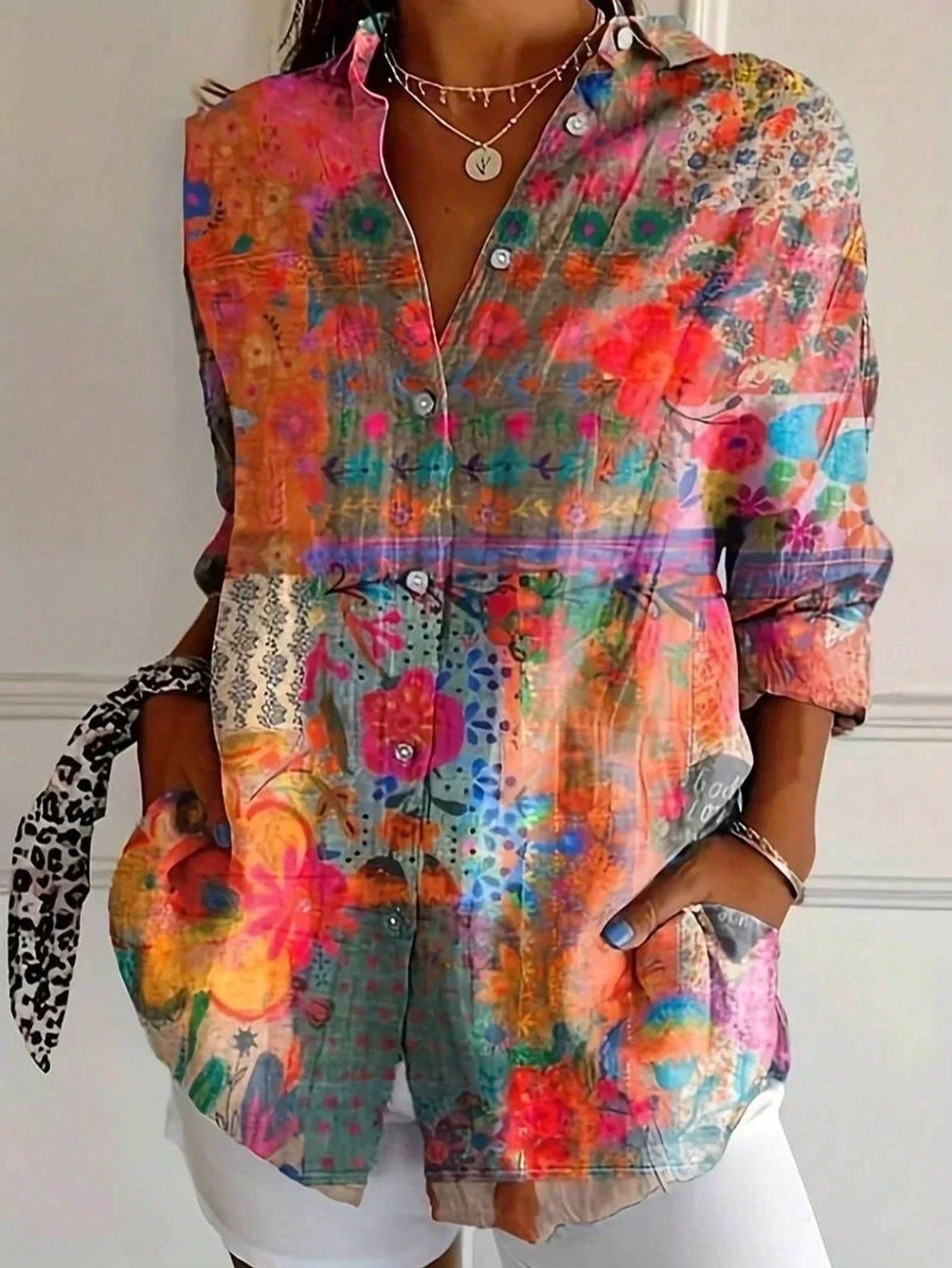Women's Floral Print Blouse Long Sleeve with Button-Down Collar