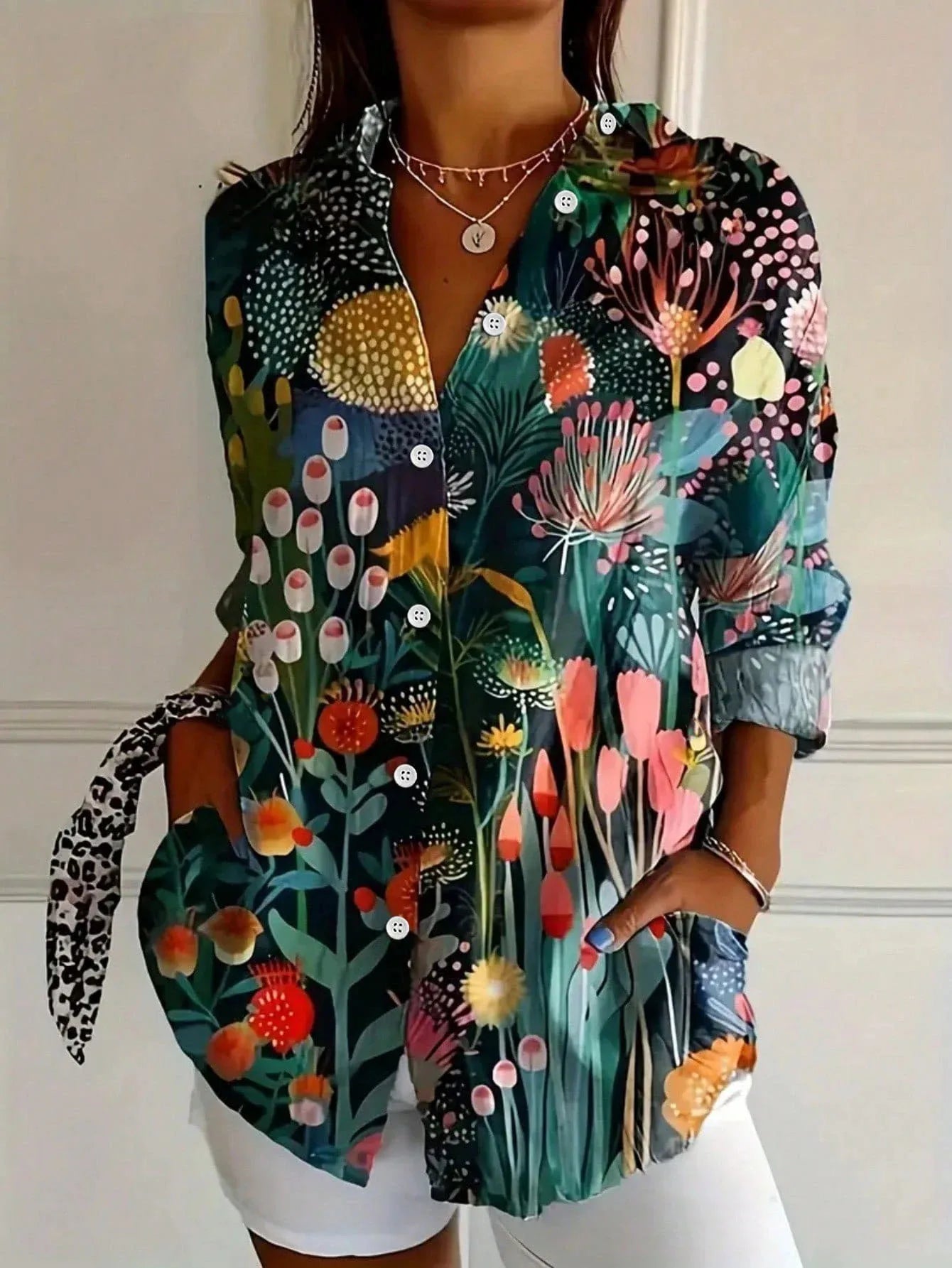 Women's Floral Print Blouse Long Sleeve with Button-Down Collar
