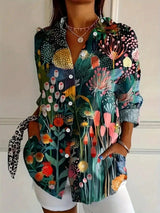 Women's Floral Print Blouse Long Sleeve with Button-Down Collar