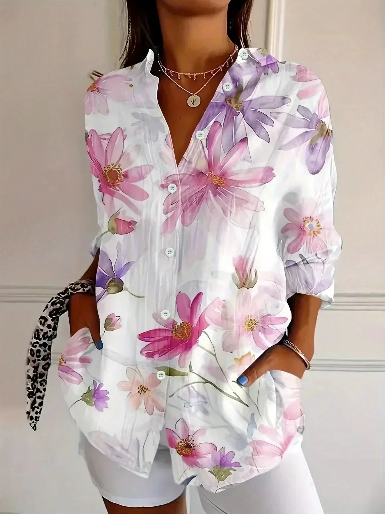 Women's Floral Print Blouse Long Sleeve with Button-Down Collar