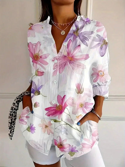 Women's Floral Print Blouse Long Sleeve with Button-Down Collar