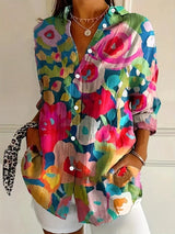Women's Floral Print Blouse Long Sleeve with Button-Down Collar