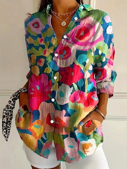 Women's Floral Print Blouse Long Sleeve with Button-Down Collar