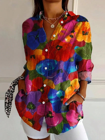 Women's Floral Print Blouse Long Sleeve with Button-Down Collar