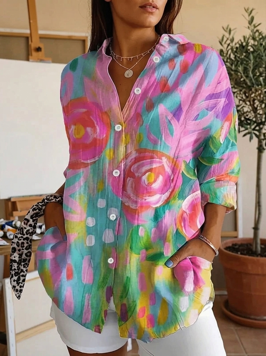 Women's Floral Print Blouse with Long Sleeves and Button Closure
