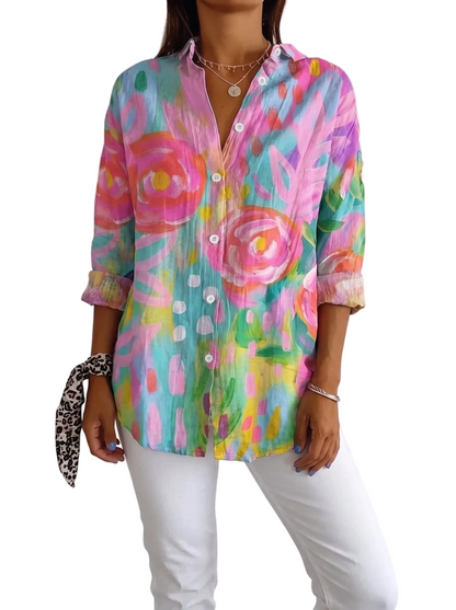 Women's Floral Print Blouse with Long Sleeves and Button Closure