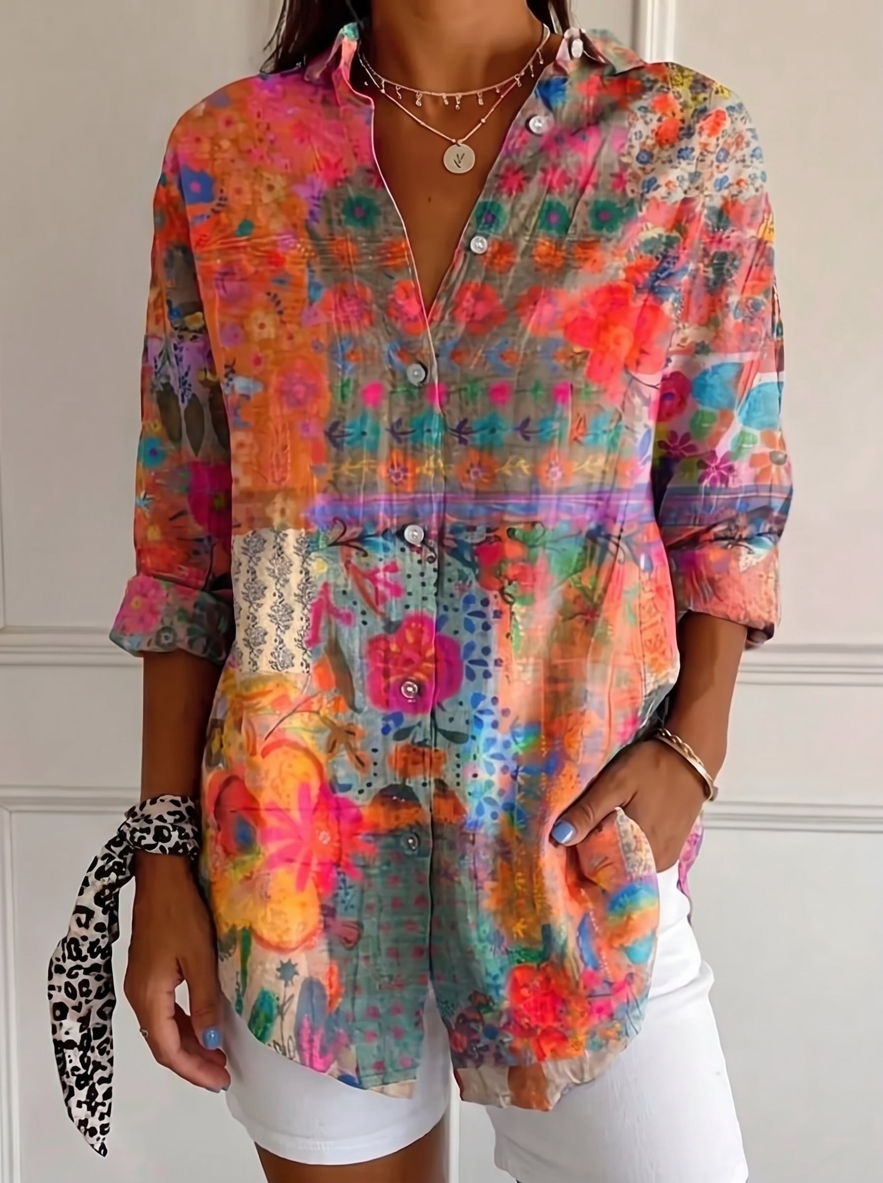 Women's Floral Print Blouse with Long Sleeves and Button Closure