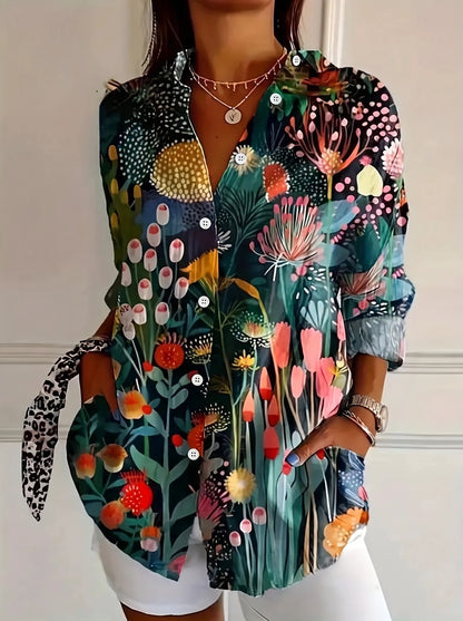 Women's Floral Print Blouse with Long Sleeves and Button Closure