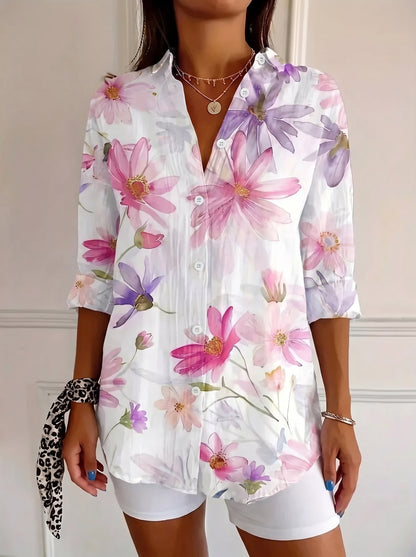 Women's Floral Print Blouse with Long Sleeves and Button Closure