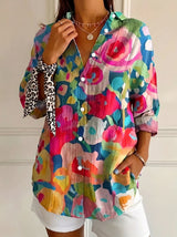 Women's Floral Print Blouse with Long Sleeves and Button Closure