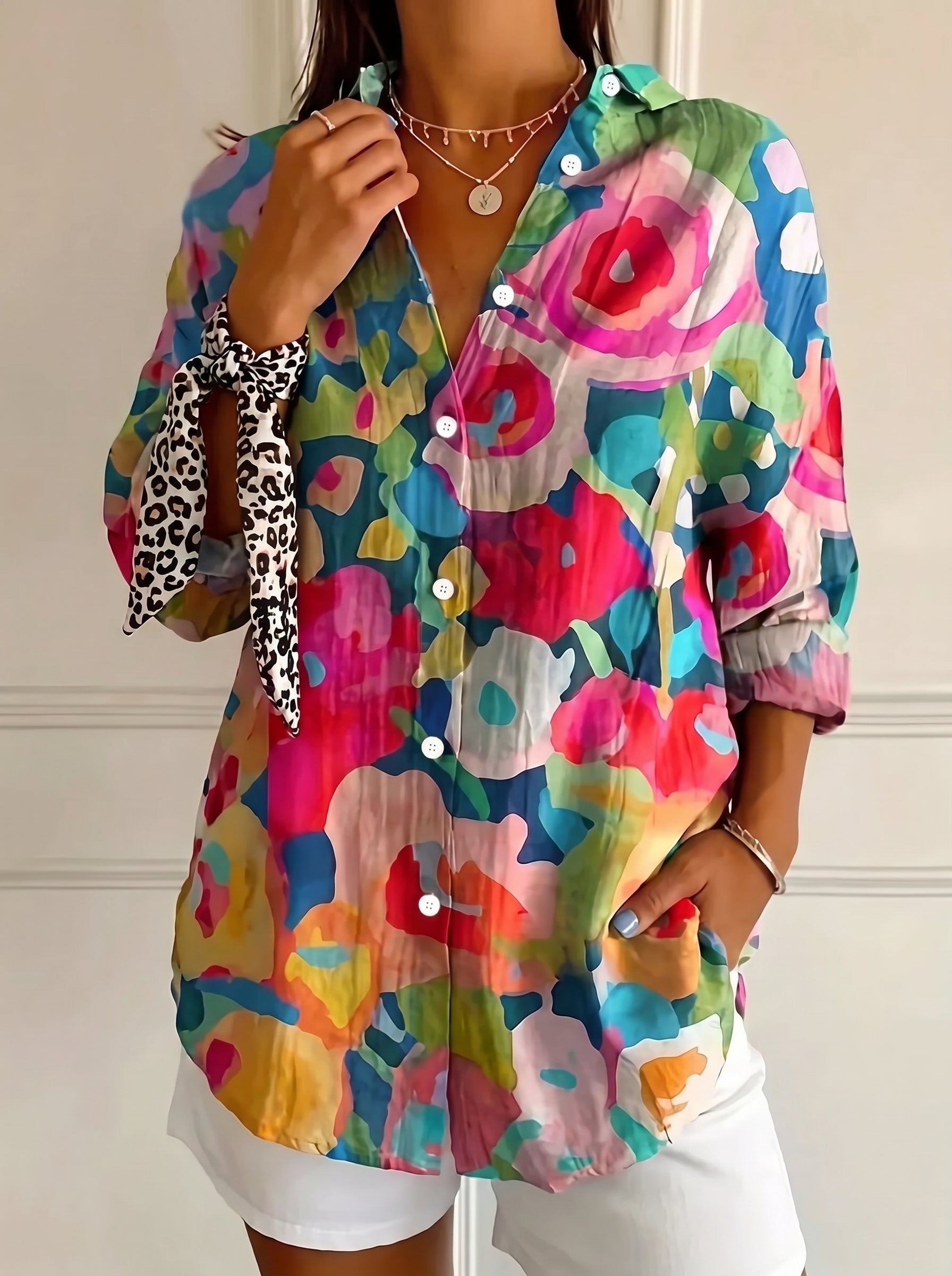 Women's Floral Print Blouse with Long Sleeves and Button Closure