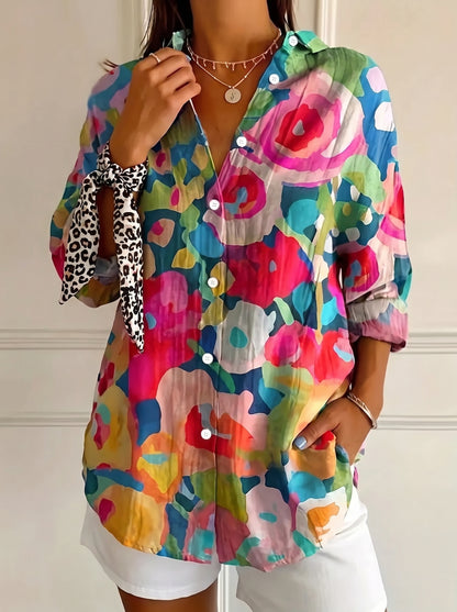 Women's Floral Print Blouse with Long Sleeves and Button Closure