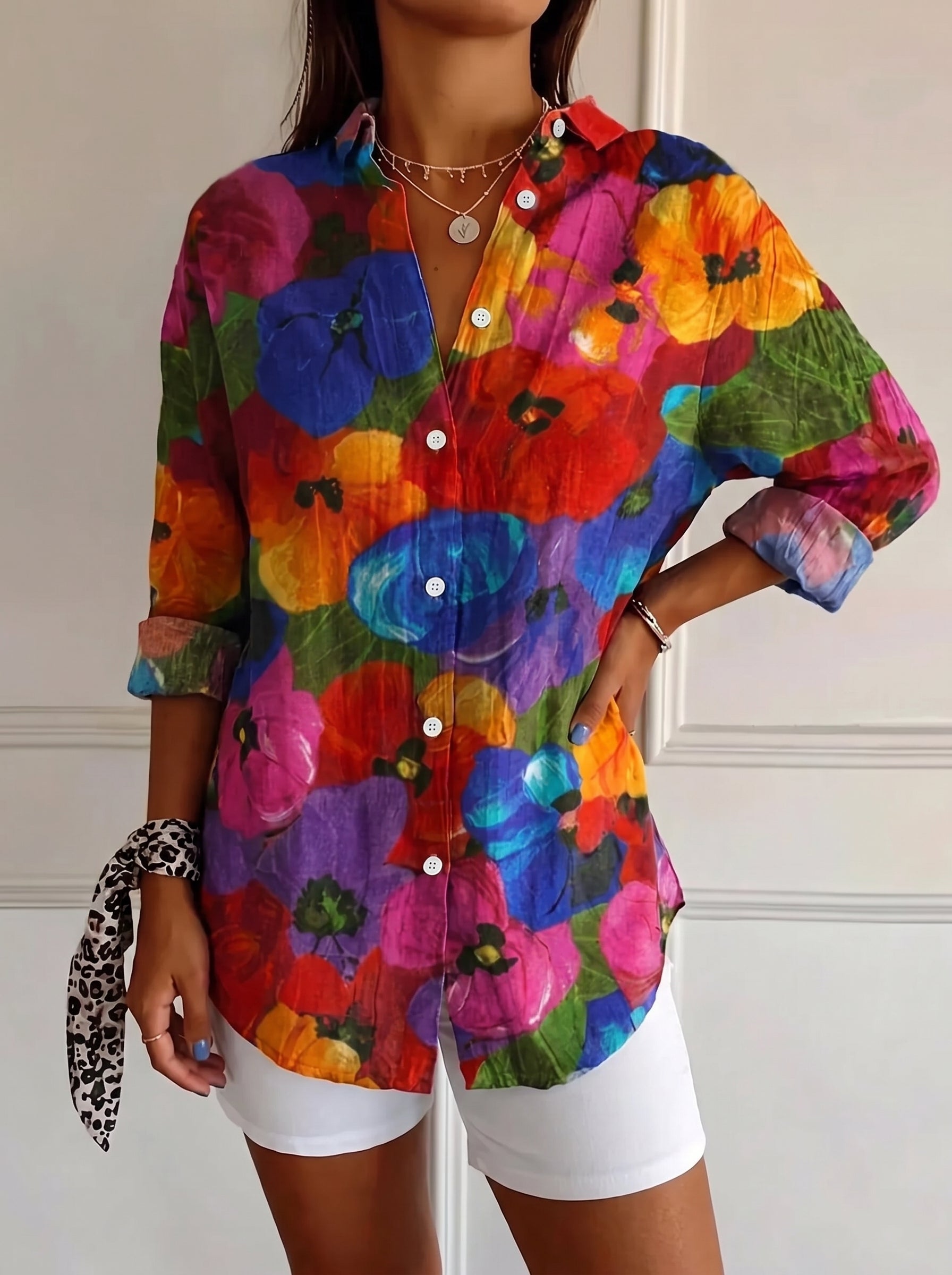 Women's Floral Print Blouse with Long Sleeves and Button Closure