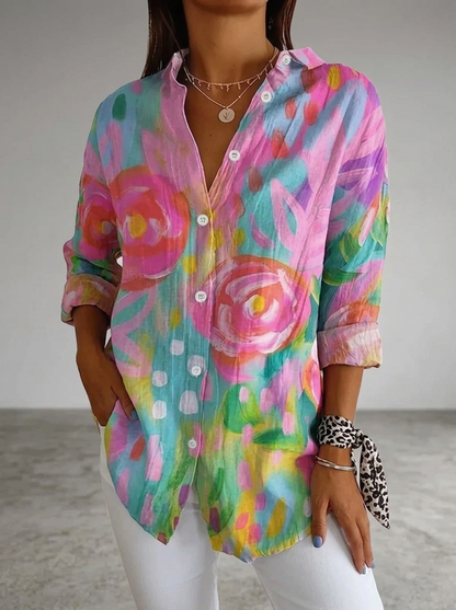 Women's Floral Print Blouse with Long Sleeves and Button Closure