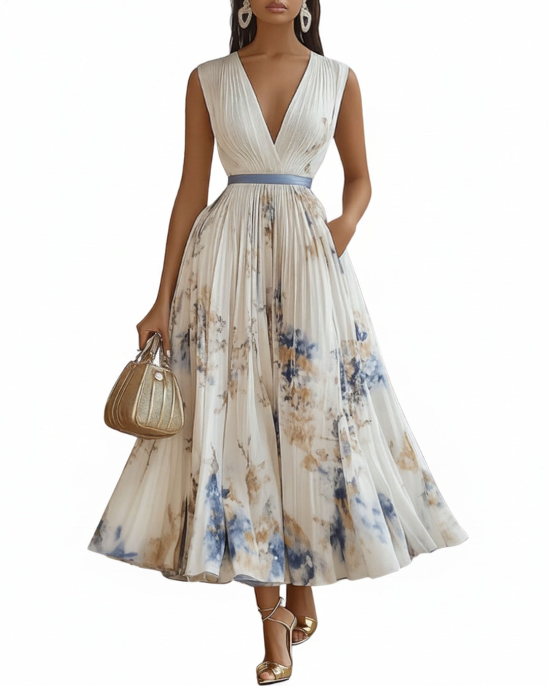 Women's Floral Print Pleated Maxi Dress with Deep V-Neck and A-Line Skirt