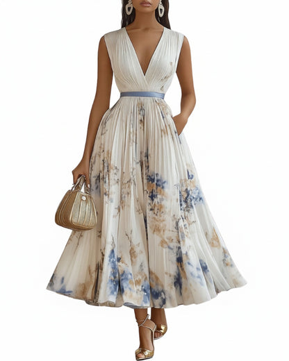 Women's Floral Print Pleated Maxi Dress with Deep V-Neck and A-Line Skirt