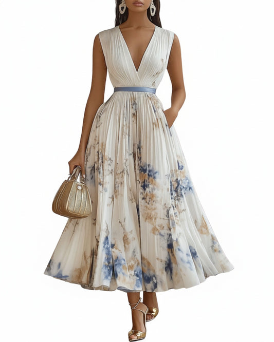 Women's Floral Print Pleated Maxi Dress with Deep V-Neck and A-Line Skirt