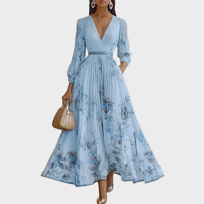 Women's Floral Print Pleated Maxi Dress with Deep V-Neck and A-Line Skirt