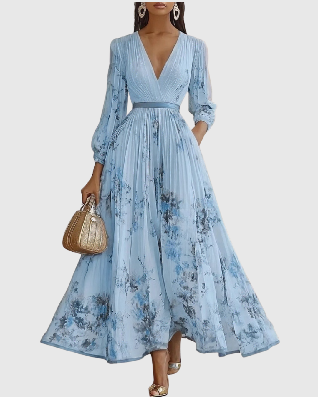 Women's Floral Print Pleated Maxi Dress with Deep V-Neck and A-Line Skirt