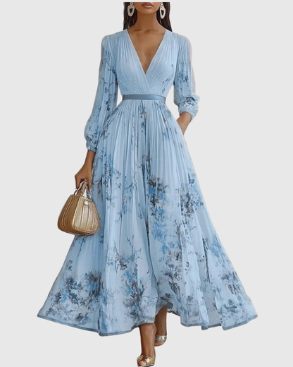 Women's Floral Print Pleated Maxi Dress with Deep V-Neck and A-Line Skirt
