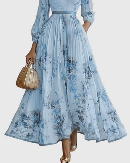 Women's Floral Print Pleated Maxi Dress with Deep V-Neck and A-Line Skirt