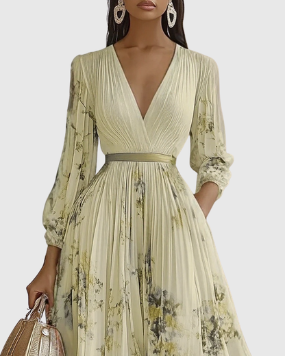 Women's Floral Print Pleated Maxi Dress with Deep V-Neck and A-Line Skirt