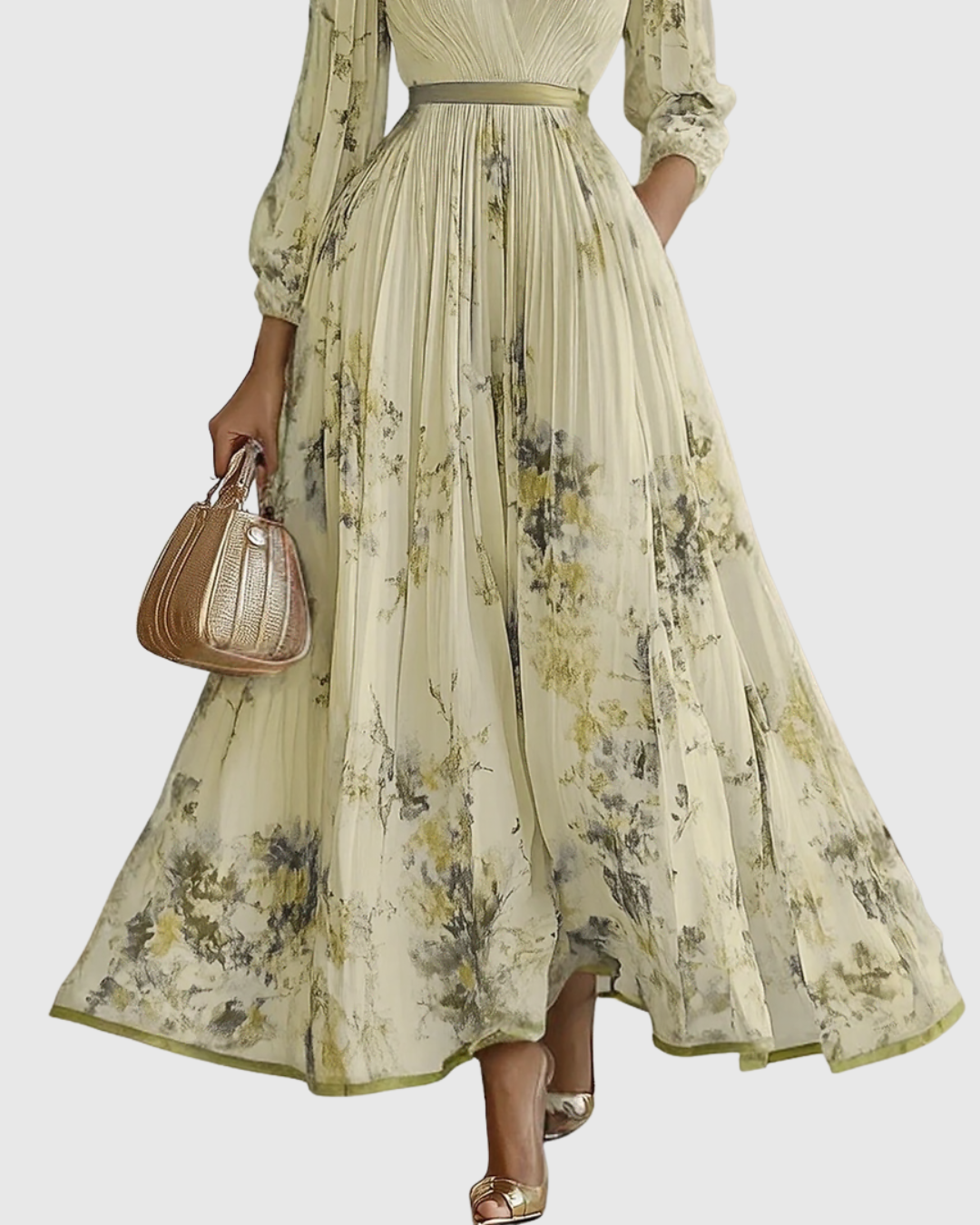 Women's Floral Print Pleated Maxi Dress with Deep V-Neck and A-Line Skirt