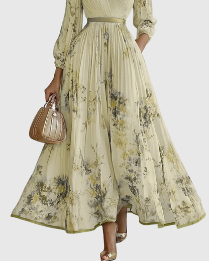 Women's Floral Print Pleated Maxi Dress with Deep V-Neck and A-Line Skirt