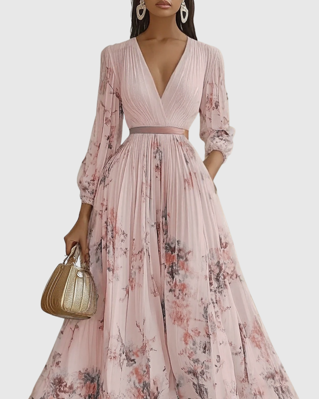 Women's Floral Print Pleated Maxi Dress with Deep V-Neck and A-Line Skirt