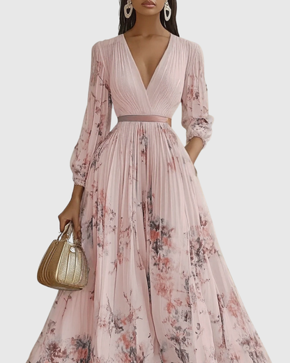 Women's Floral Print Pleated Maxi Dress with Deep V-Neck and A-Line Skirt