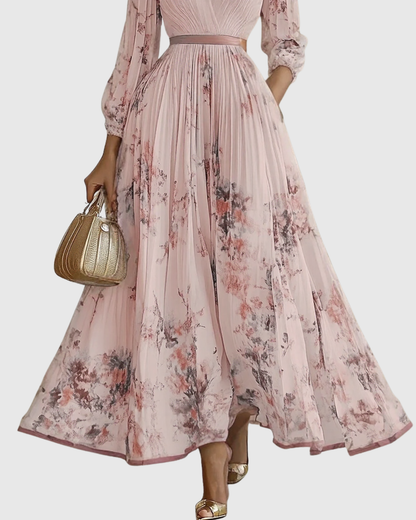 Women's Floral Print Pleated Maxi Dress with Deep V-Neck and A-Line Skirt