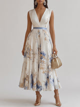 Women's Floral Print Pleated Maxi Dress with Deep V-Neck and A-Line Skirt