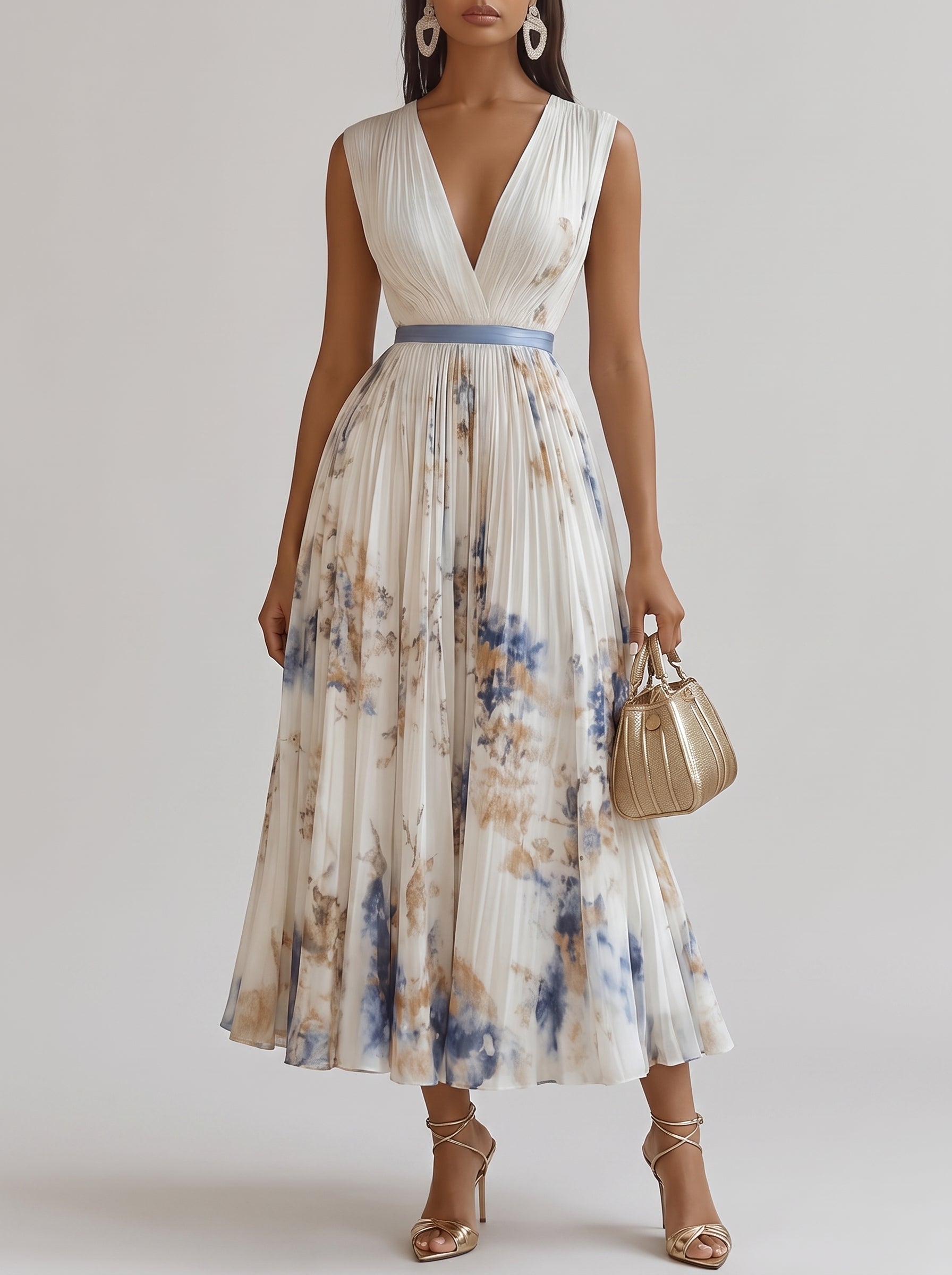 Women's Floral Print Pleated Maxi Dress with Deep V-Neck and A-Line Skirt