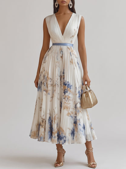 Women's Floral Print Pleated Maxi Dress with Deep V-Neck and A-Line Skirt