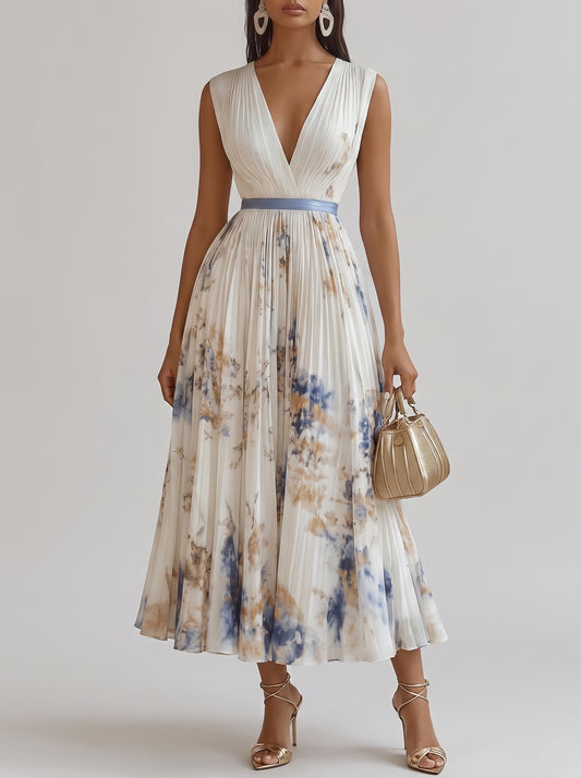 Women's Floral Print Pleated Maxi Dress with Deep V-Neck and A-Line Skirt