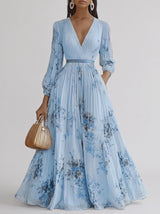 Women's Floral Print Pleated Maxi Dress with Deep V-Neck and A-Line Skirt